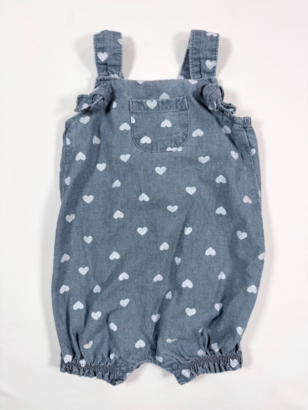 CARTERS Baby Girl Chambray Romper 9M Blue Heart Print Sweet Cottagecore Summer